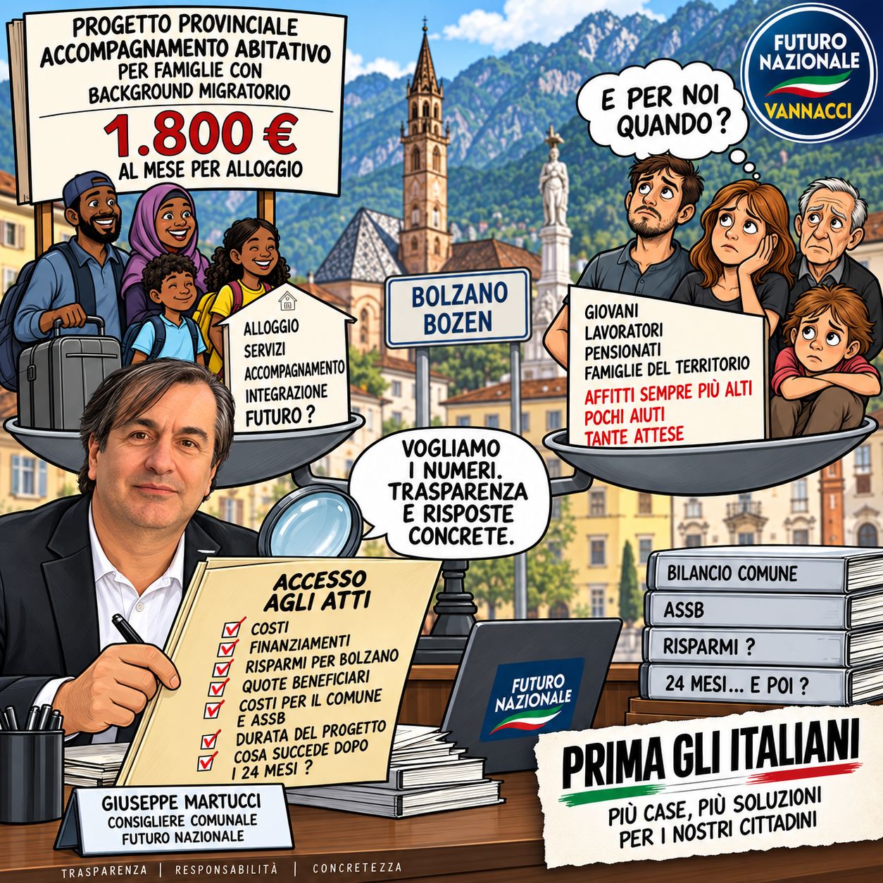 MARTUCCI (FUTURO NAZIONALE): «ACCESSO AGLI ATTI SUI 1.800 EURO PER GLI ALLOGGI. FDI PARLA DI RISPARMI: VOGLIAMO SAPERE SE E QUANTO RISPARMIA BOLZANO»